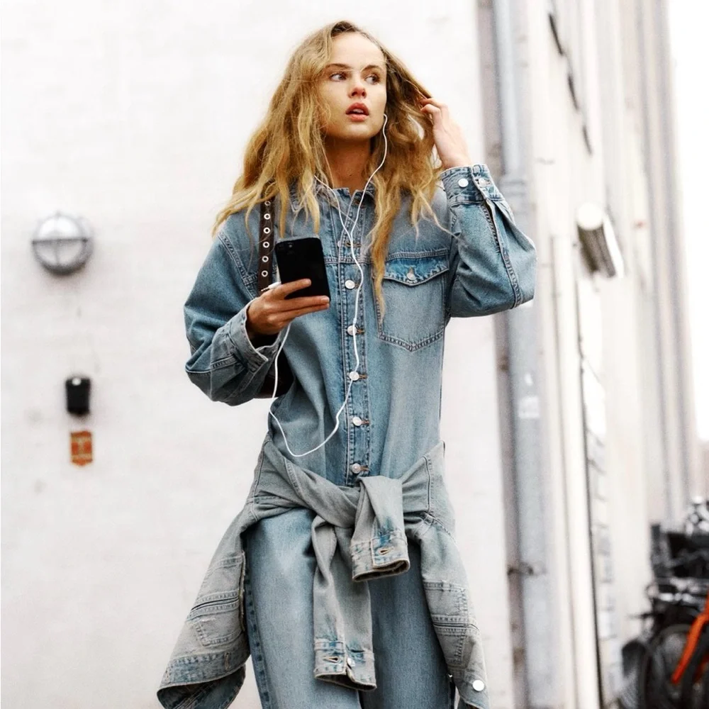 Washed Light Blue Denim Jumpsuit - Women's Casual One-Piece - Picture 2 of 4
